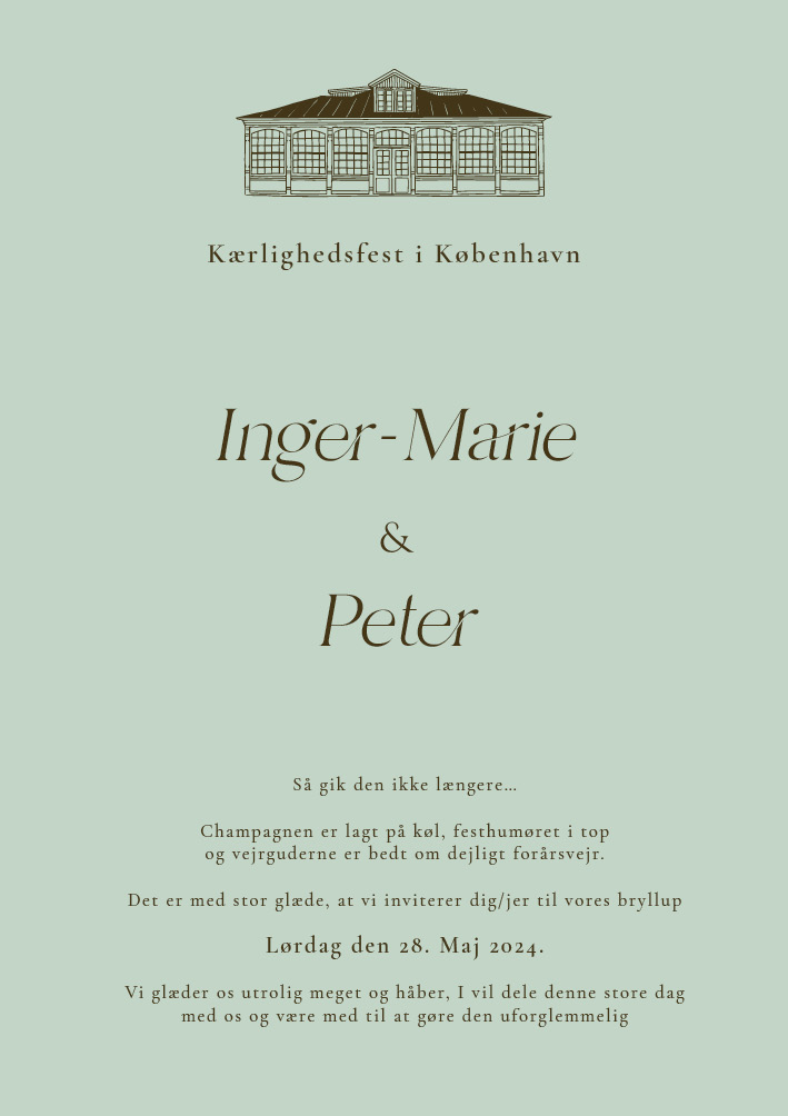 
                Flot og simpel invitation til brudeparret der skal fejre deres store dag på Orangeriet. I kan på bagsiden indsætte bryllupsprogram eller kontakter til toastmaster, gavekoordinator mm.
Til designet kommer også matchende elementer i form af velkomstskilt, salmehæfte, bordoversigt, menukort, bordkort, drinkskort, takkekort mm. således I kan skabe en rød tråd for dagen.                